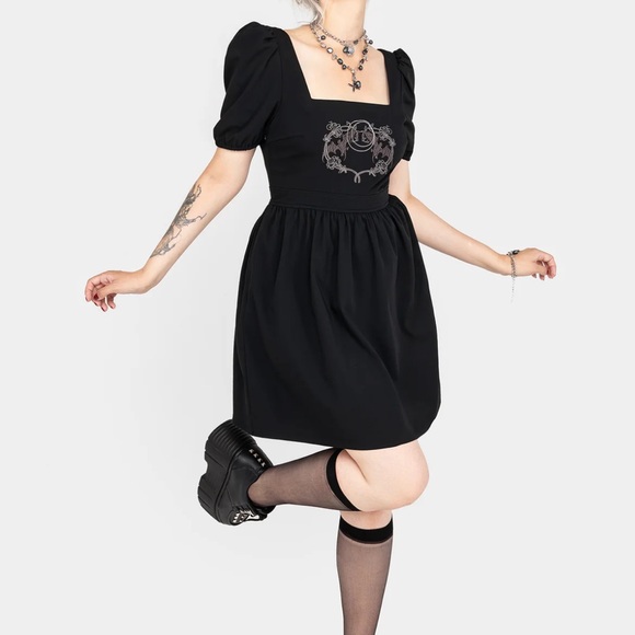 Disturbia Black Vampyrum Bat Embroidered Puff Sleeve Babydoll Mini Dress NWT 8 - Picture 2 of 16